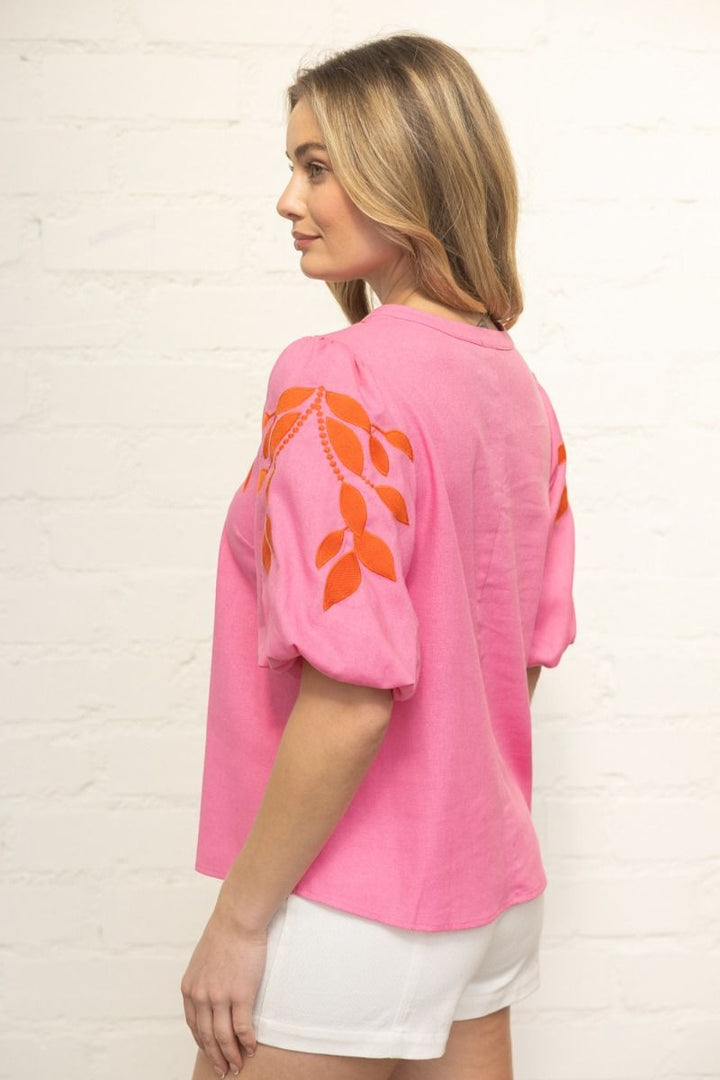 Floral Embroidered Bubble Sleeve V - Neck Top - Lush Lemon - Women's Clothing - Voy - 65303991370621