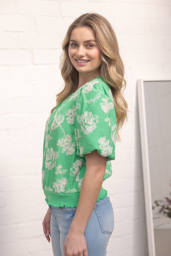 Floral Embroidered Elastic Banded Bubble Sleeve Top - Lush Lemon - Women's Clothing - Voy - 16626851044317