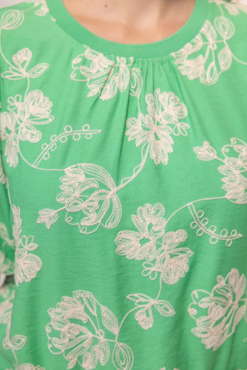 Floral Embroidered Elastic Banded Bubble Sleeve Top - Lush Lemon - Women's Clothing - Voy - 16626851044317