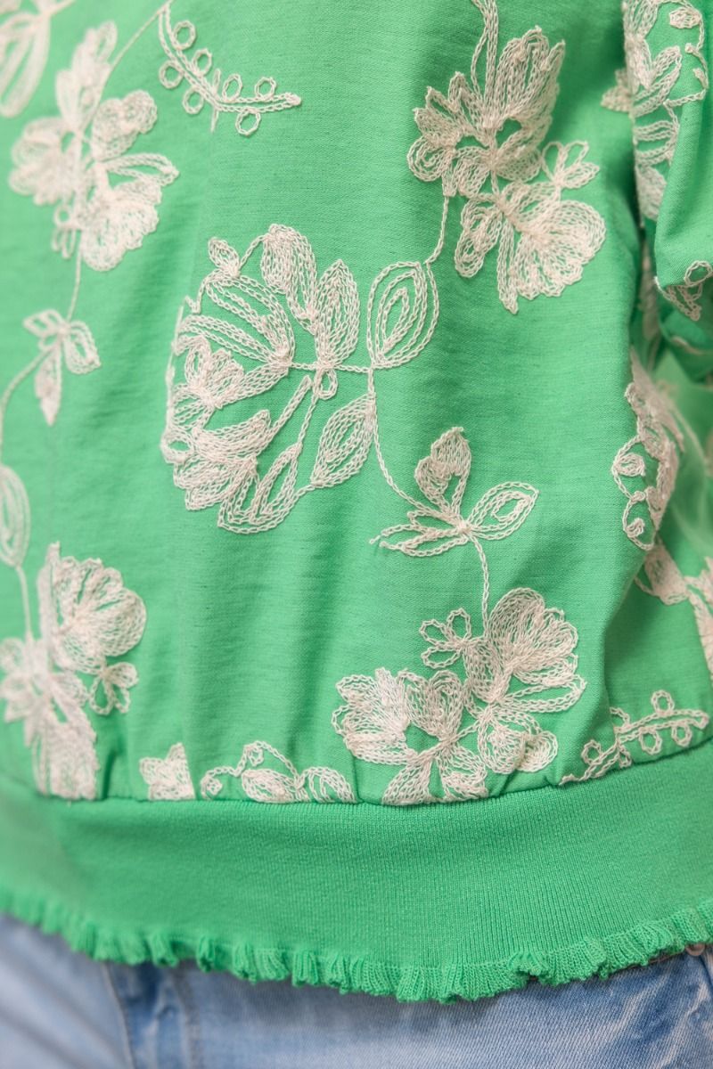 Floral Embroidered Elastic Banded Bubble Sleeve Top - Lush Lemon - Women's Clothing - Voy - 16626851044317