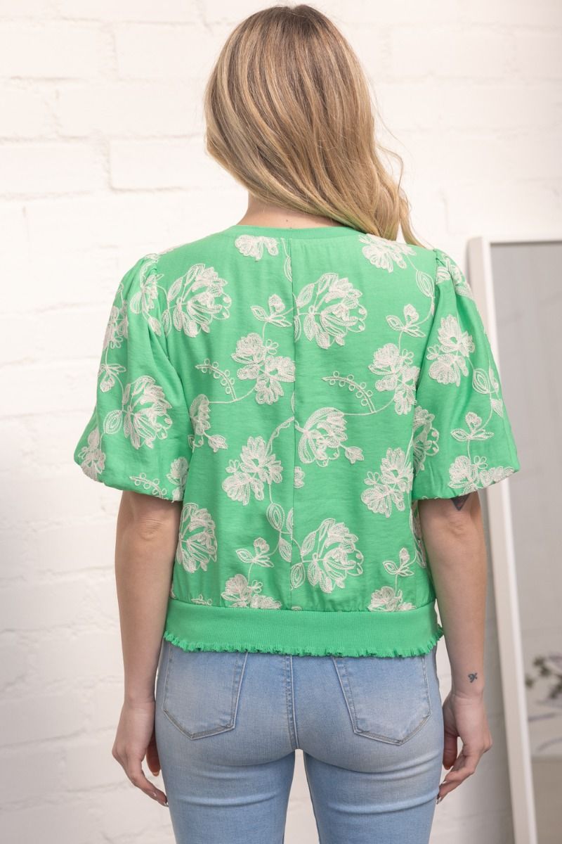Floral Embroidered Elastic Banded Bubble Sleeve Top - Lush Lemon - Women's Clothing - Voy - 16626851044317