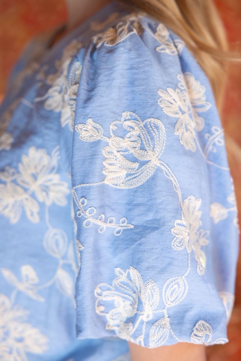 Floral Embroidered Elastic Banded Bubble Sleeve Top - Lush Lemon - Women's Clothing - Voy - 78456831046237