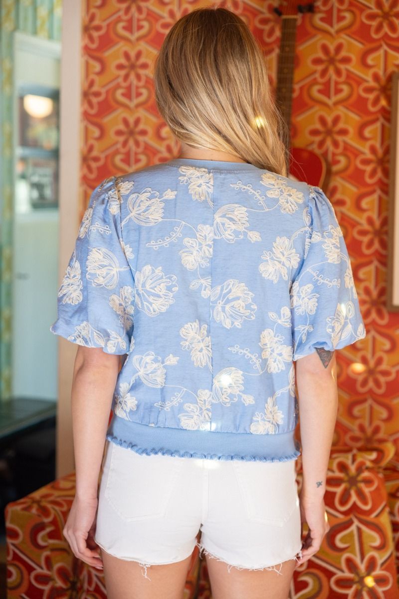 Floral Embroidered Elastic Banded Bubble Sleeve Top - Lush Lemon - Women's Clothing - Voy - 78456831046237