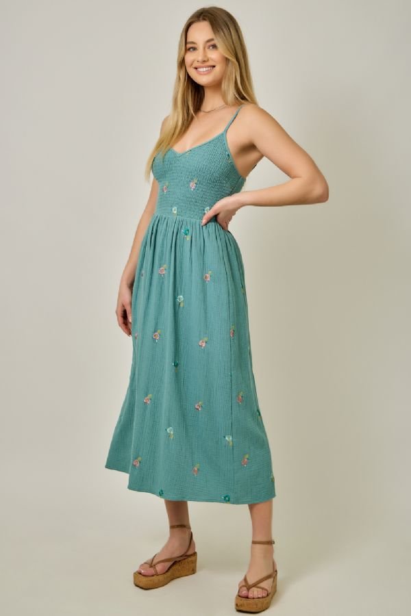 Floral Embroidered Gauze Midi Dress - Lush Lemon - Women's Clothing - Mystree - 35668351090077