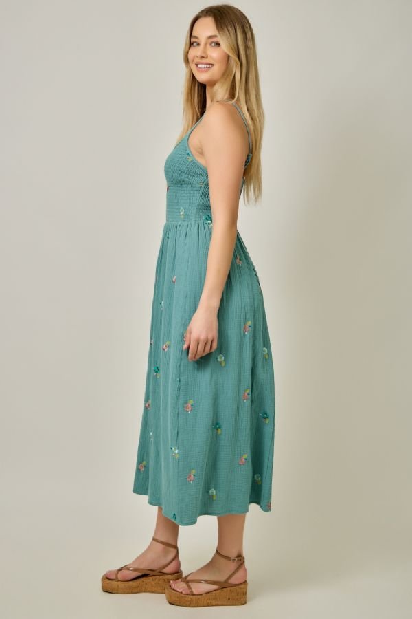 Floral Embroidered Gauze Midi Dress - Lush Lemon - Women's Clothing - Mystree - 35668351090077