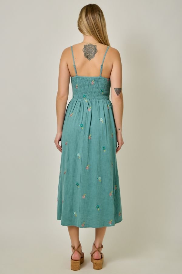 Floral Embroidered Gauze Midi Dress - Lush Lemon - Women's Clothing - Mystree - 35668351090077