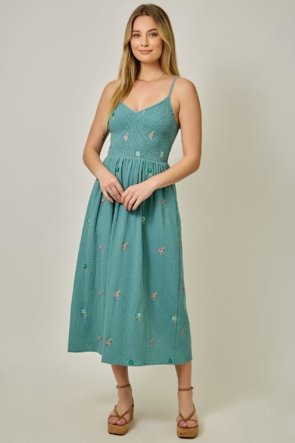 Floral Embroidered Gauze Midi Dress - Lush Lemon - Women's Clothing - Mystree - 35668351090077