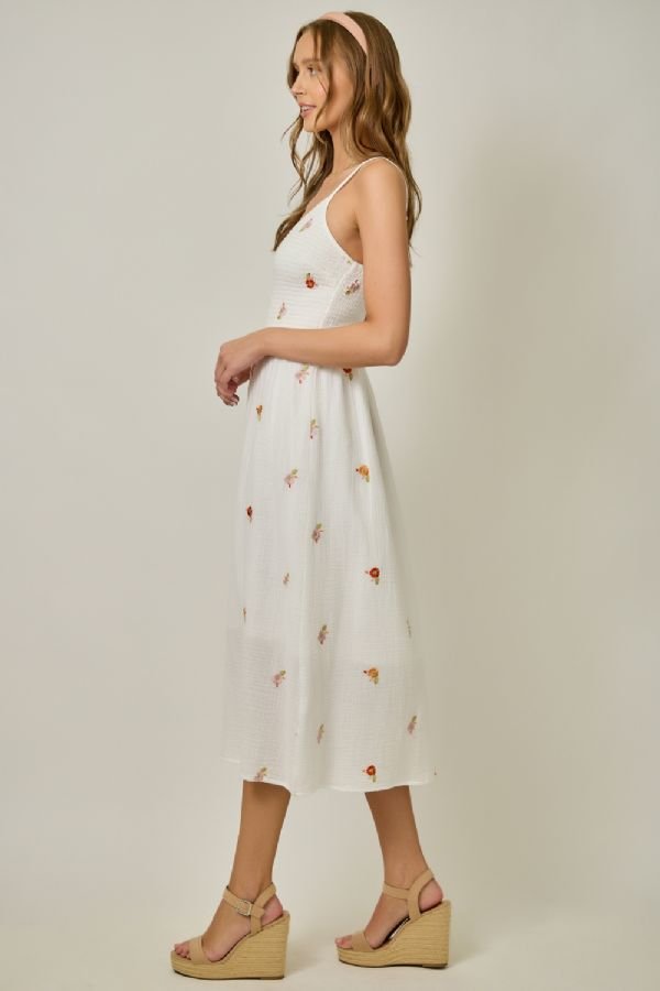 Floral Embroidered Gauze Midi Dress - Lush Lemon - Women's Clothing - Mystree - 35668351388381