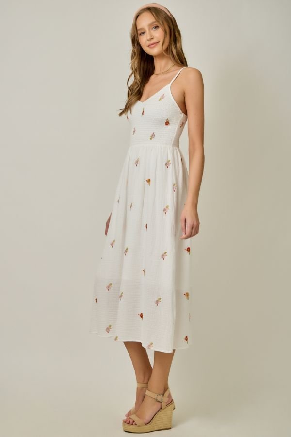 Floral Embroidered Gauze Midi Dress - Lush Lemon - Women's Clothing - Mystree - 35668351388381