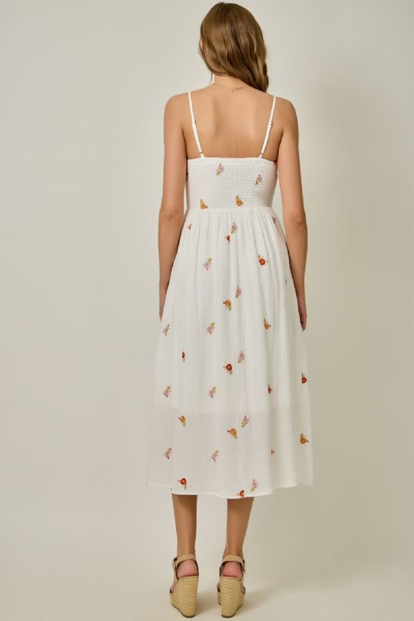 Floral Embroidered Gauze Midi Dress - Lush Lemon - Women's Clothing - Mystree - 35668351388381