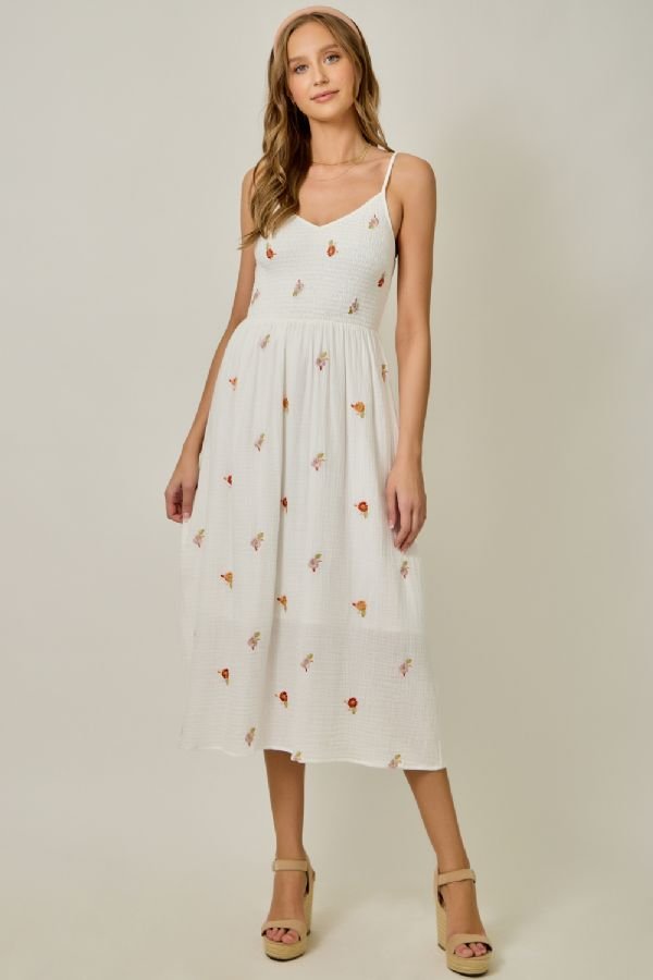 Floral Embroidered Gauze Midi Dress - Lush Lemon - Women's Clothing - Mystree - 35668351388381