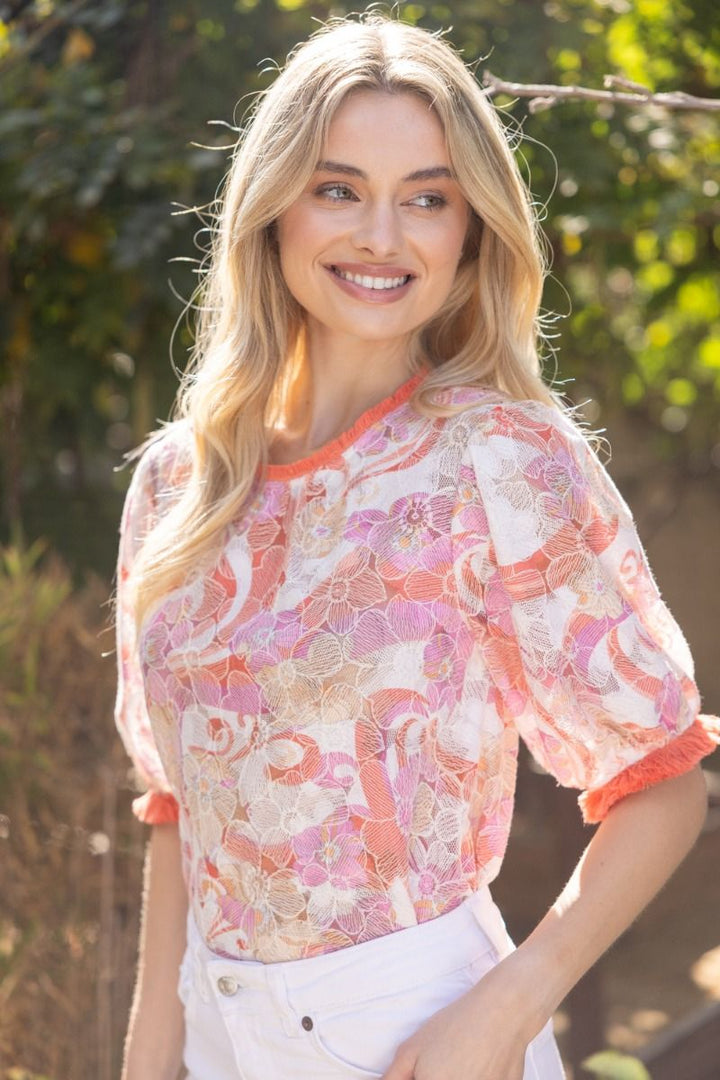 Floral Embroidered Lace Top W/Fringe Detail - Lush Lemon - Women's Clothing - Voy - 52650591341149