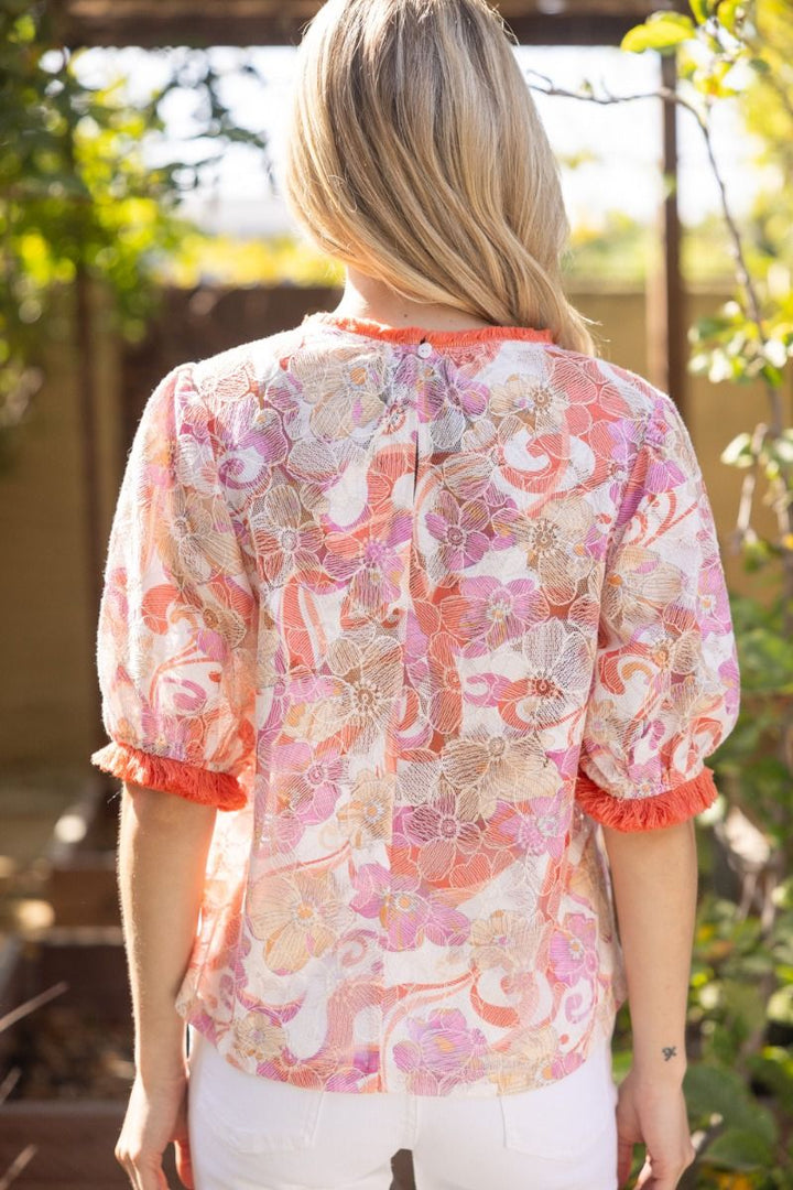 Floral Embroidered Lace Top W/Fringe Detail - Lush Lemon - Women's Clothing - Voy - 52650591341149