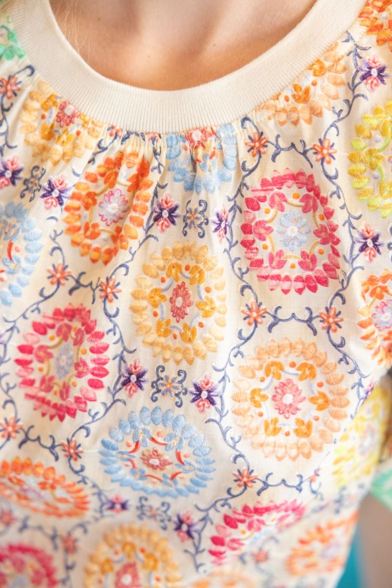 Floral Embroidered Print Bubble Sleeve Top - Lush Lemon - Women's Clothing - Voy - 83202861070749