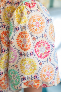 Floral Embroidered Print Bubble Sleeve Top - Lush Lemon - Women&