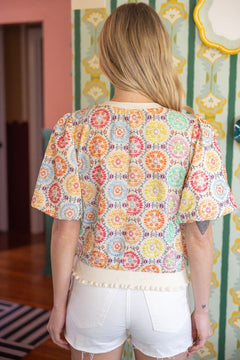 Floral Embroidered Print Bubble Sleeve Top - Lush Lemon - Women&