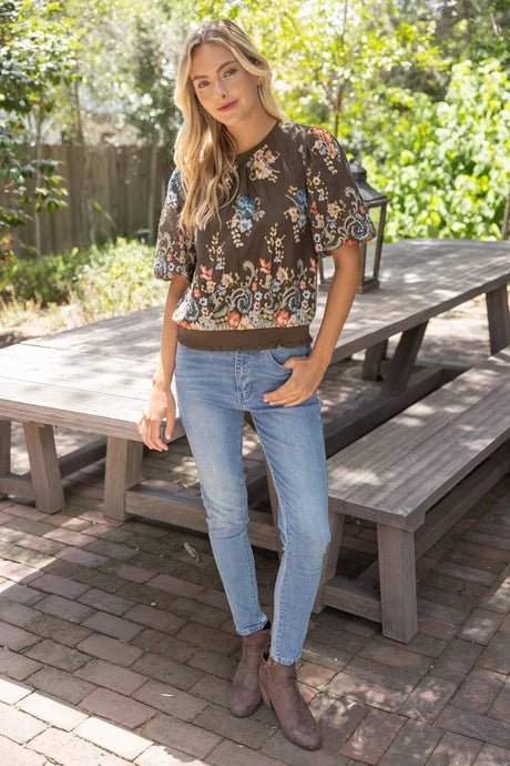 Floral Embroidered Rib Band Top - Lush Lemon - Women's Clothing - Voy - 12552231099901