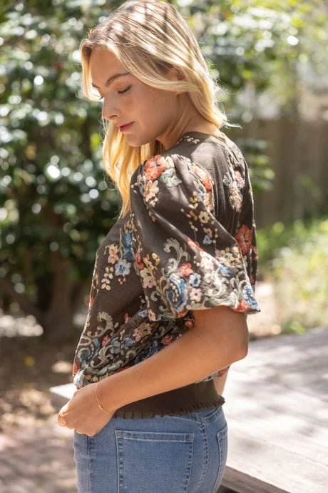Floral Embroidered Rib Band Top - Lush Lemon - Women's Clothing - Voy - 12552231099901