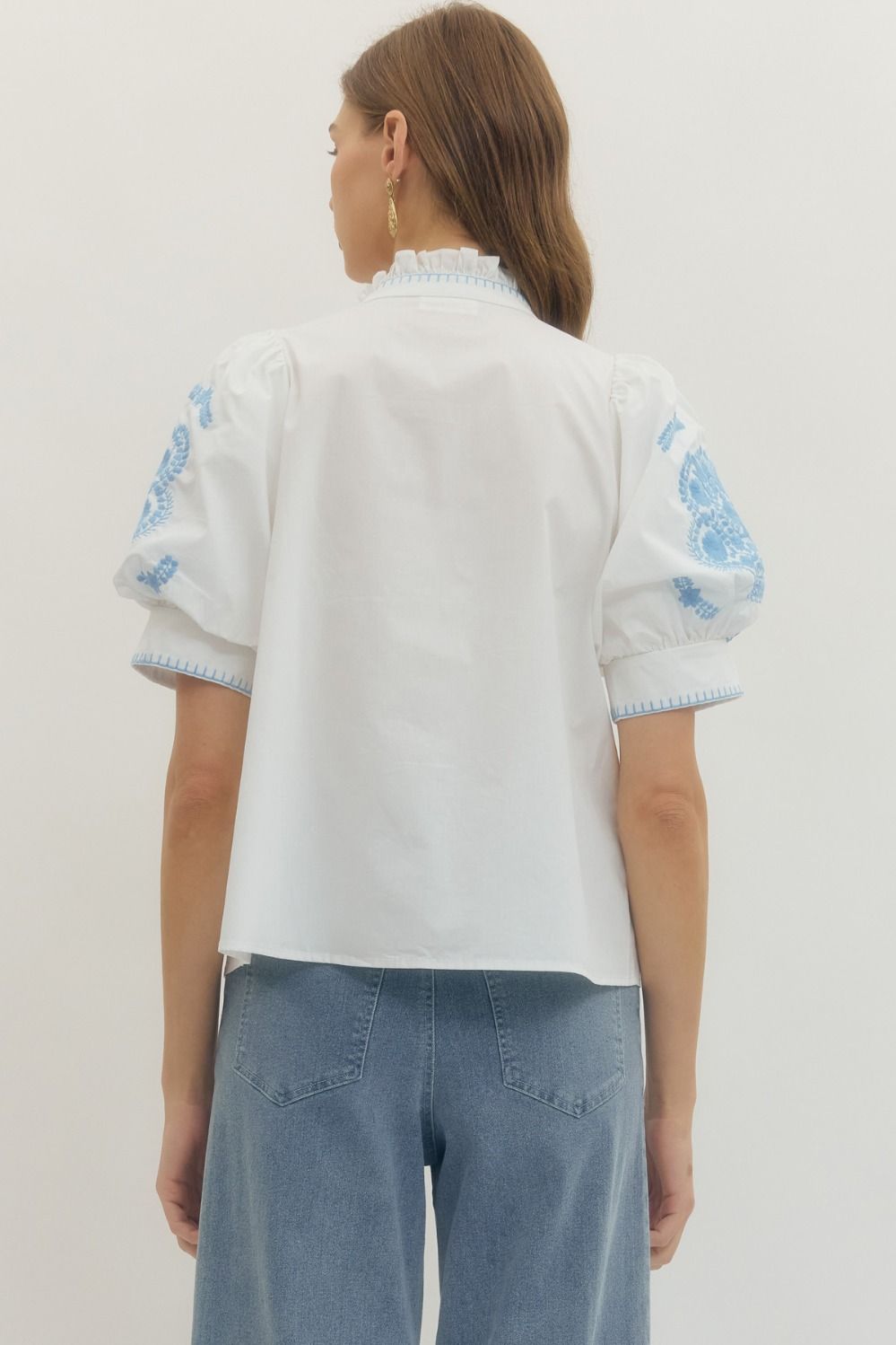 Floral Embroidered Ruffle Band Collar Top - Lush Lemon - Women's Clothing - Entro - 37528771015069