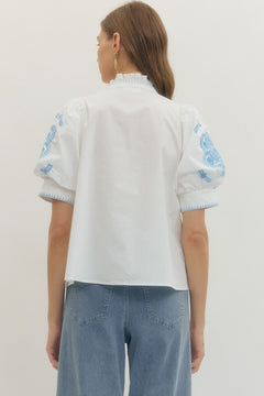 Floral Embroidered Ruffle Band Collar Top - Lush Lemon - Women&