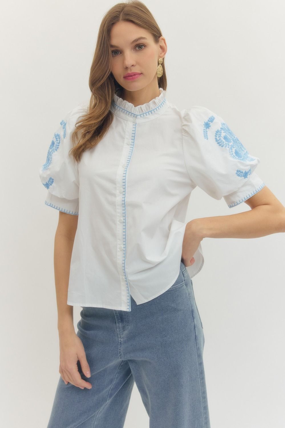 Floral Embroidered Ruffle Band Collar Top - Lush Lemon - Women's Clothing - Entro - 37528771015069