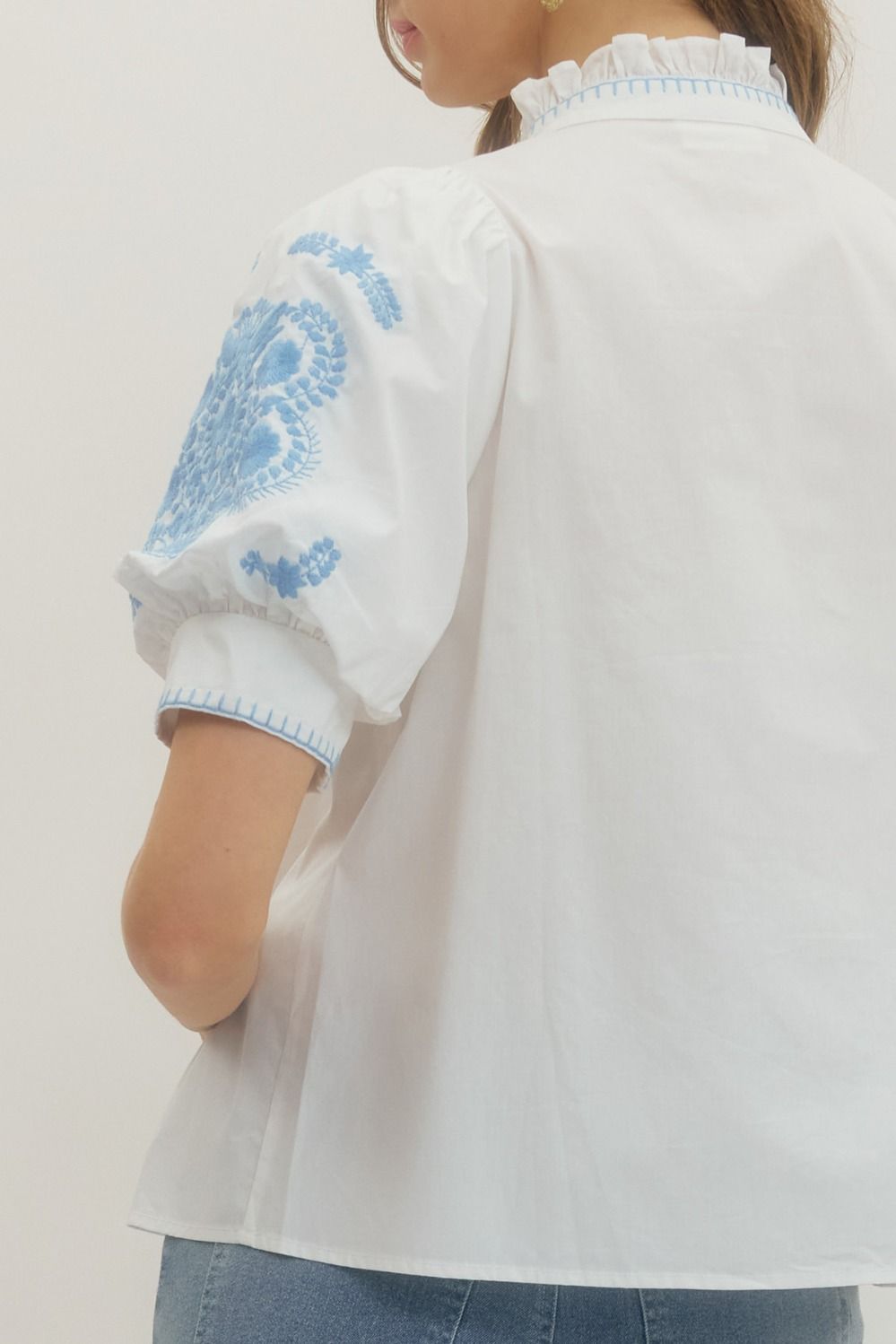 Floral Embroidered Ruffle Band Collar Top - Lush Lemon - Women's Clothing - Entro - 37528771015069