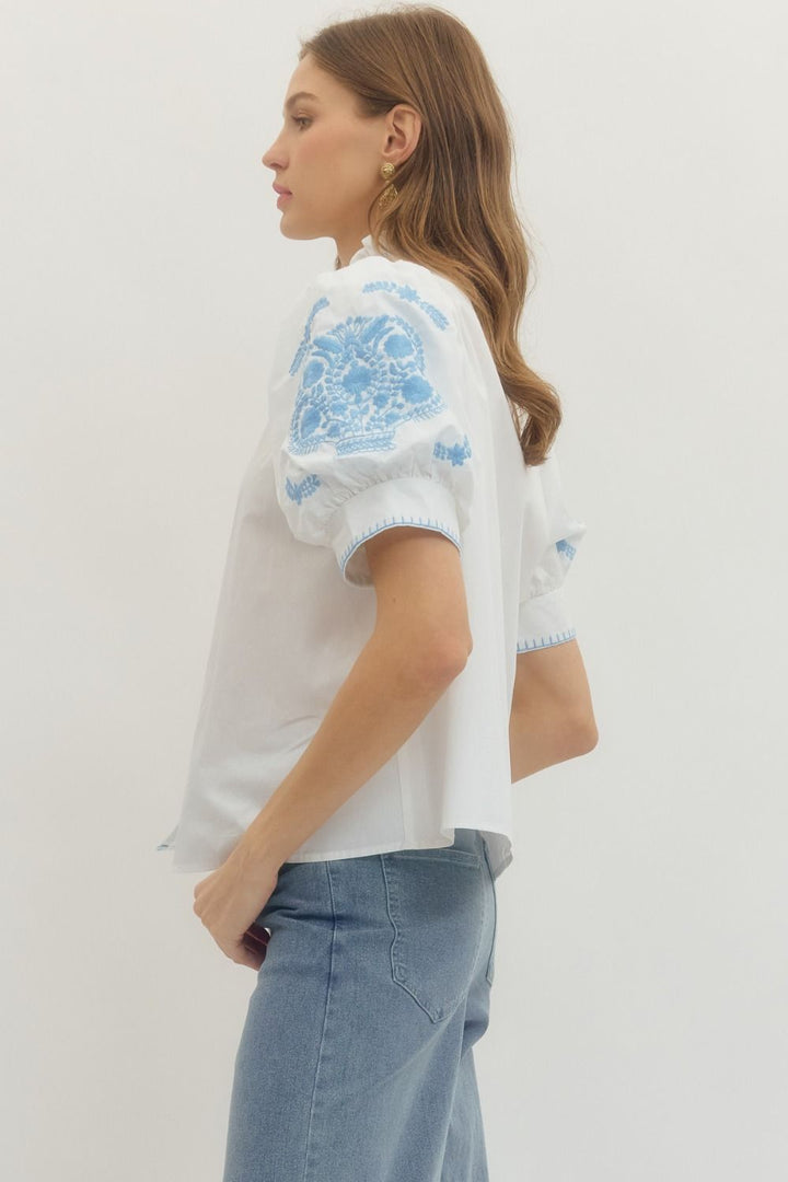 Floral Embroidered Ruffle Band Collar Top - Lush Lemon - Women's Clothing - Entro - 37528771015069