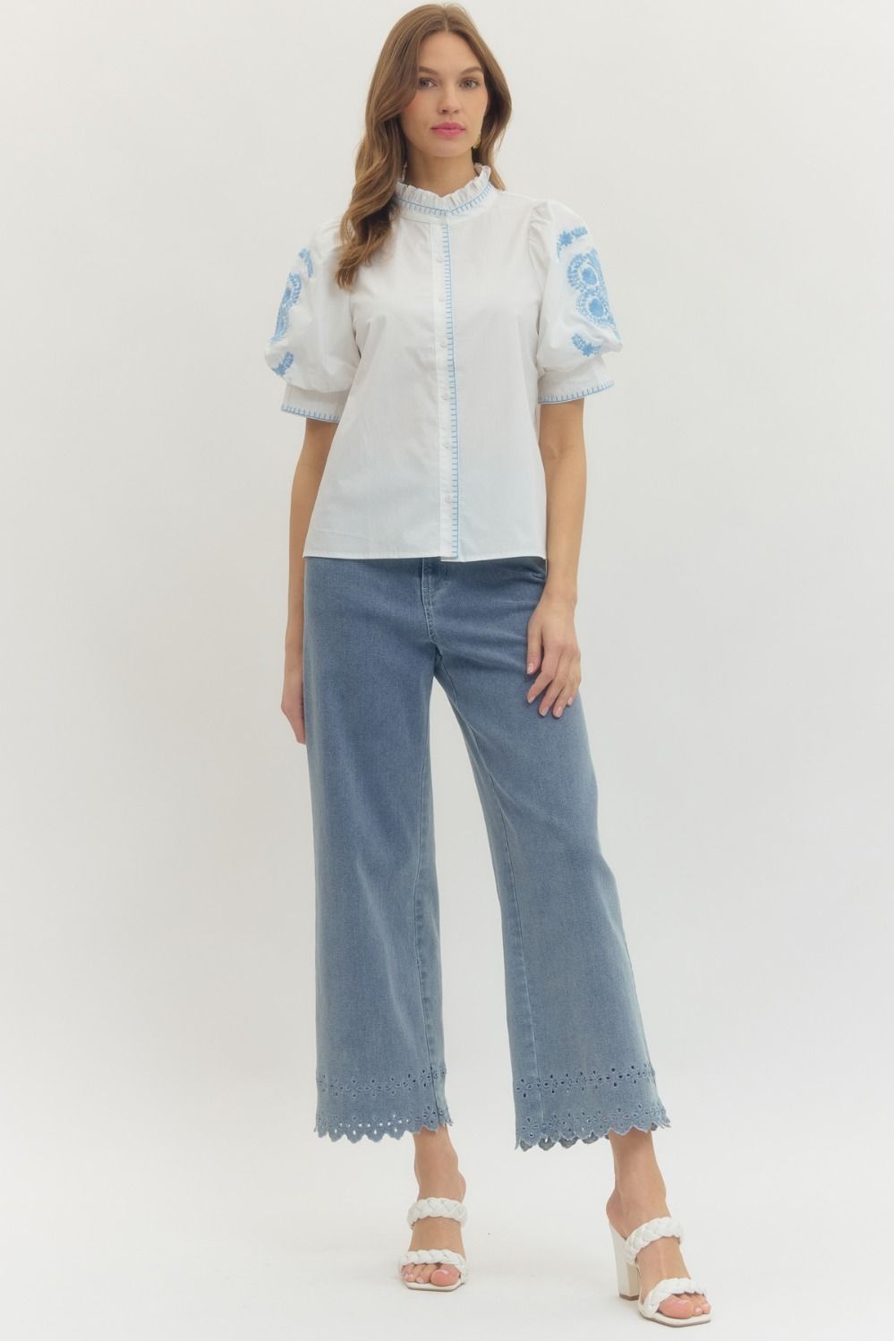 Floral Embroidered Ruffle Band Collar Top - Lush Lemon - Women's Clothing - Entro - 37528771015069