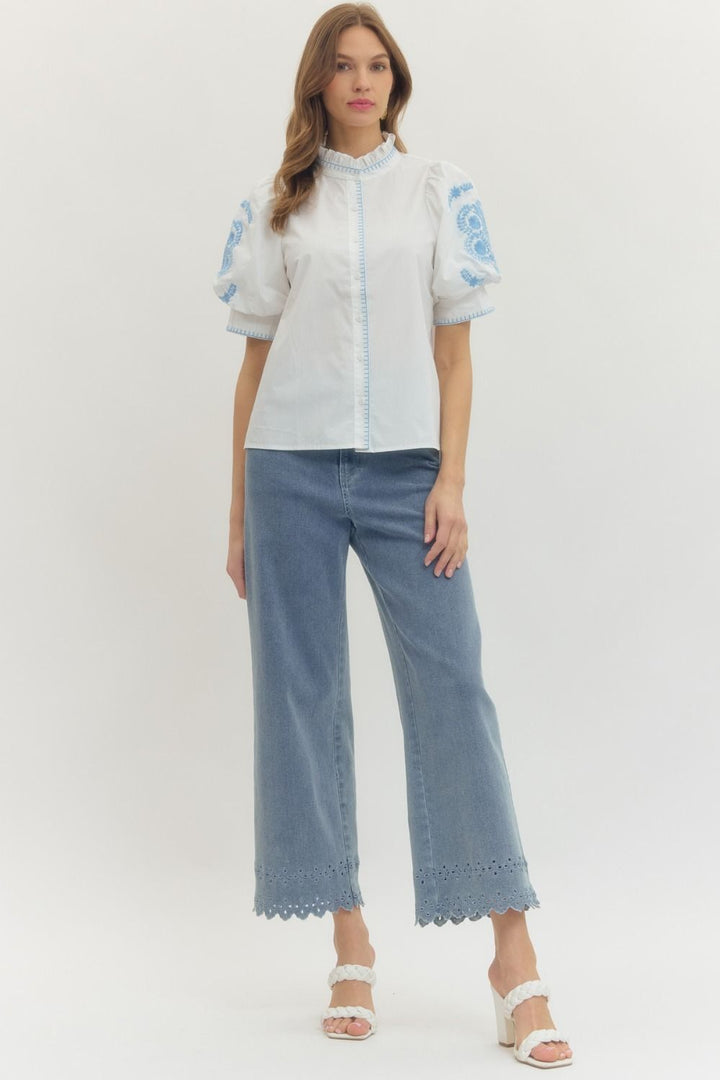 Floral Embroidered Ruffle Band Collar Top - Lush Lemon - Women's Clothing - Entro - 37528771015069
