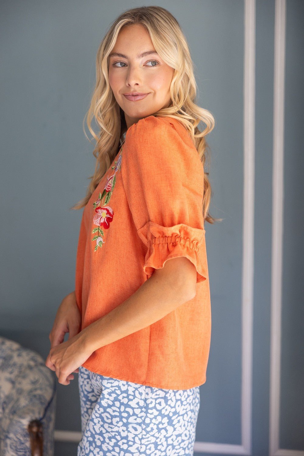 Floral Embroidered Ruffle Sleeve Top - Lush Lemon - Women's Clothing - Voy - 18415421021085