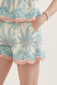 Floral Embroidered Scallop Hem Shorts - Lush Lemon - Women&