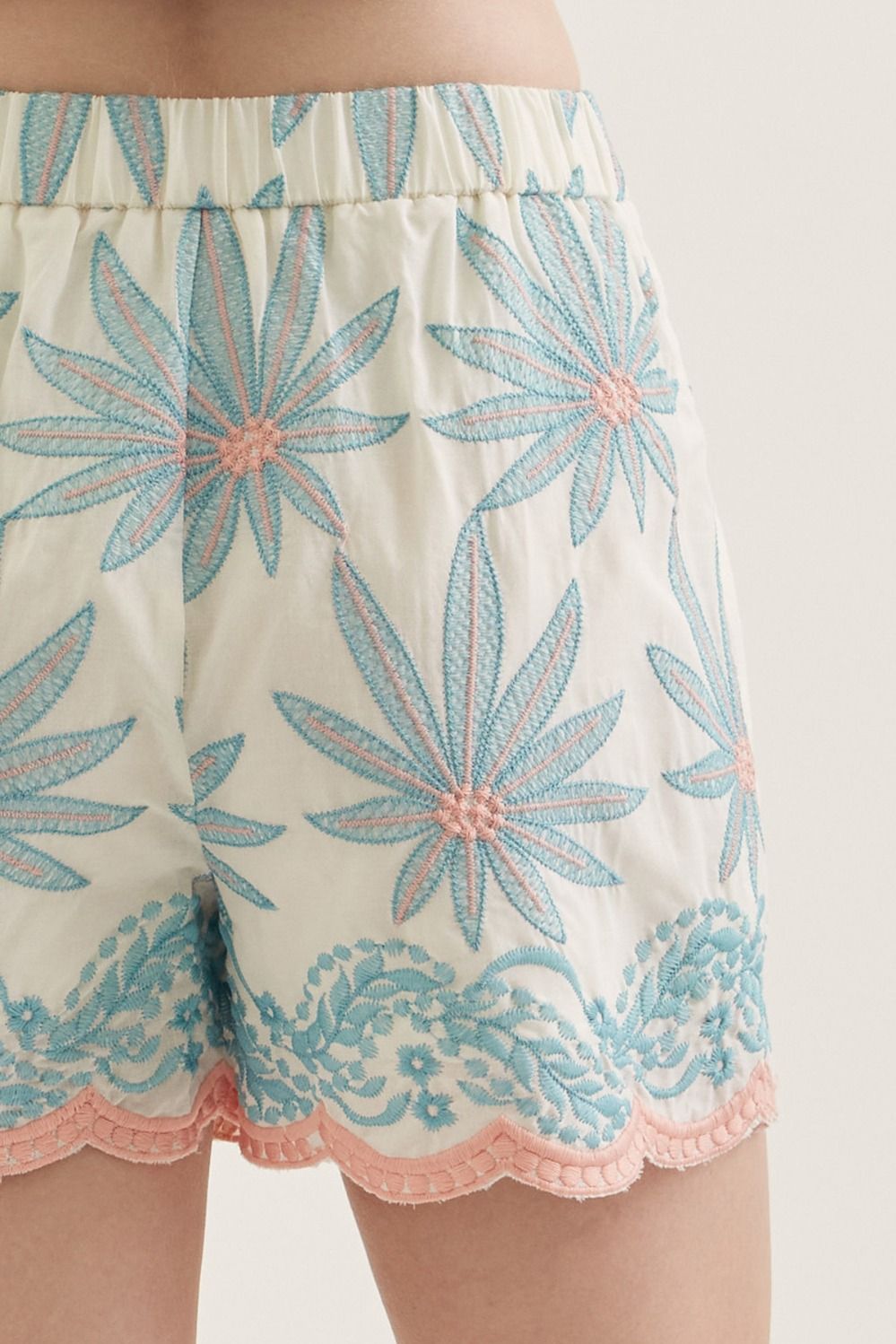Floral Embroidered Scallop Hem Shorts - Lush Lemon - Women's Clothing - Entro - 93944021020765