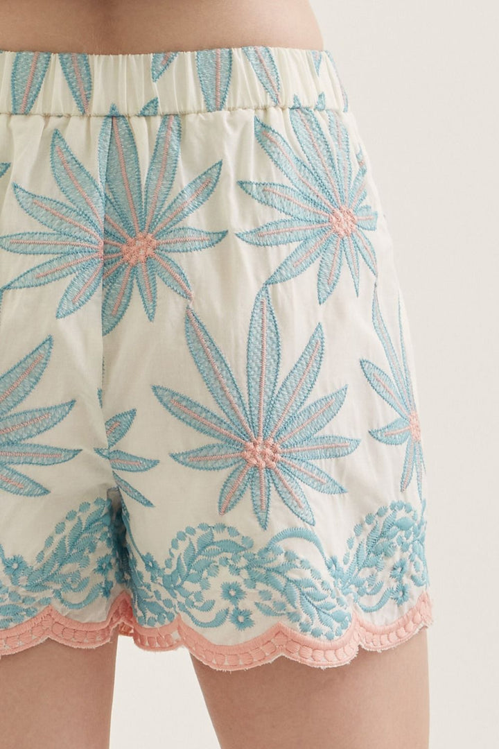 Floral Embroidered Scallop Hem Shorts - Lush Lemon - Women's Clothing - Entro - 93944021020765