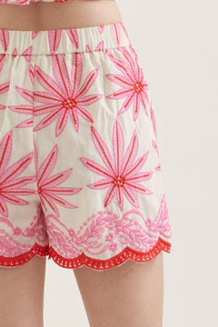 Floral Embroidered Scallop Hem Shorts - Lush Lemon - Women&