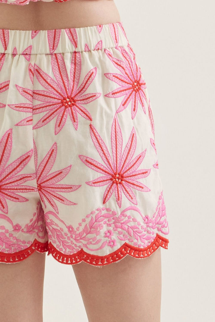 Floral Embroidered Scallop Hem Shorts - Lush Lemon - Women's Clothing - Entro - 93944021322461