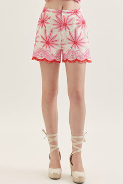 Floral Embroidered Scallop Hem Shorts - Lush Lemon - Women&