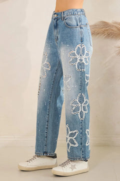Floral Embroidered Straight Leg Jeans - Lush Lemon - Women&