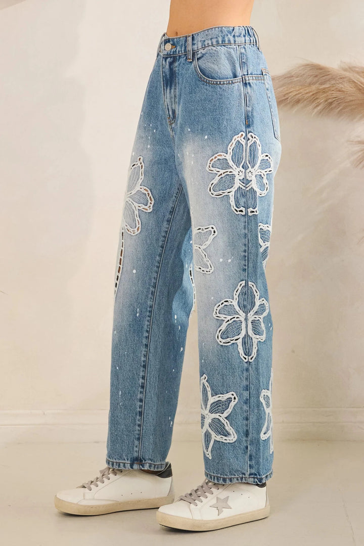 Floral Embroidered Straight Leg Jeans - Lush Lemon - Women's Clothing - Oli & Hali - 82236201028093