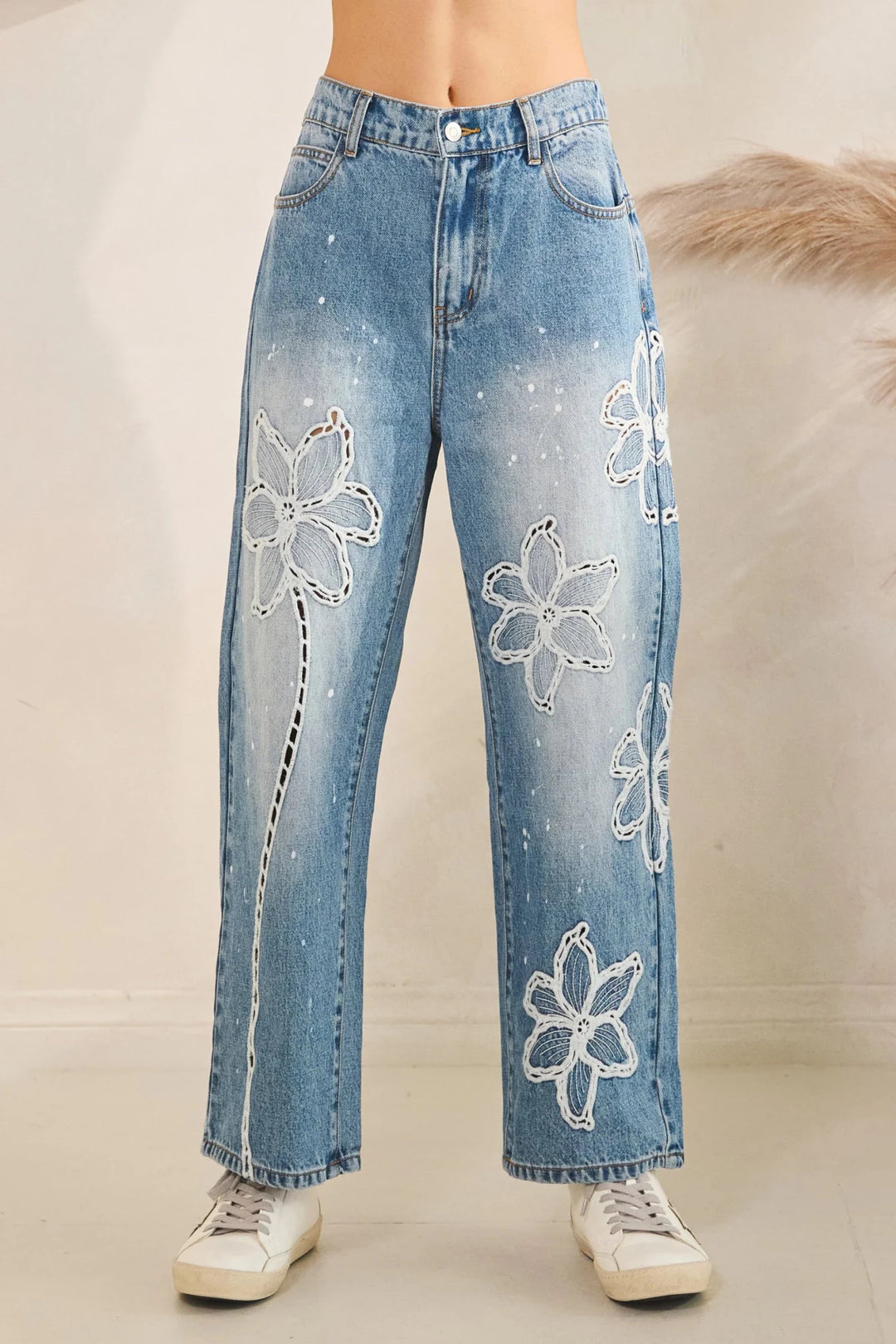 Floral Embroidered Straight Leg Jeans - Lush Lemon - Women's Clothing - Oli & Hali - 82236201028093