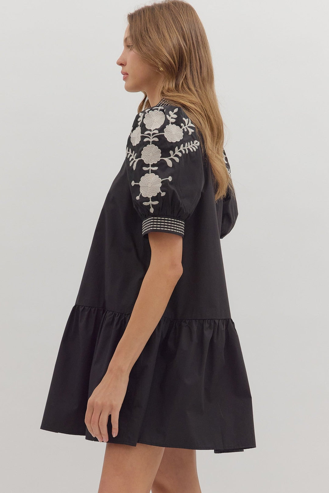 Floral Embroidered Tiered Mini Dress - Lush Lemon - Women's Clothing - Entro - 38858561077149
