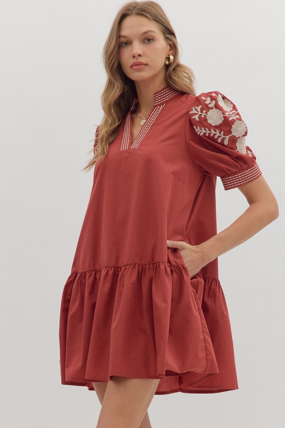 Floral Embroidered Tiered Mini Dress - Lush Lemon - Women's Clothing - Entro - 38858561375453