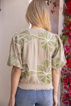 Floral Embroidery Top W/Contrast Band - Lush Lemon - Women&
