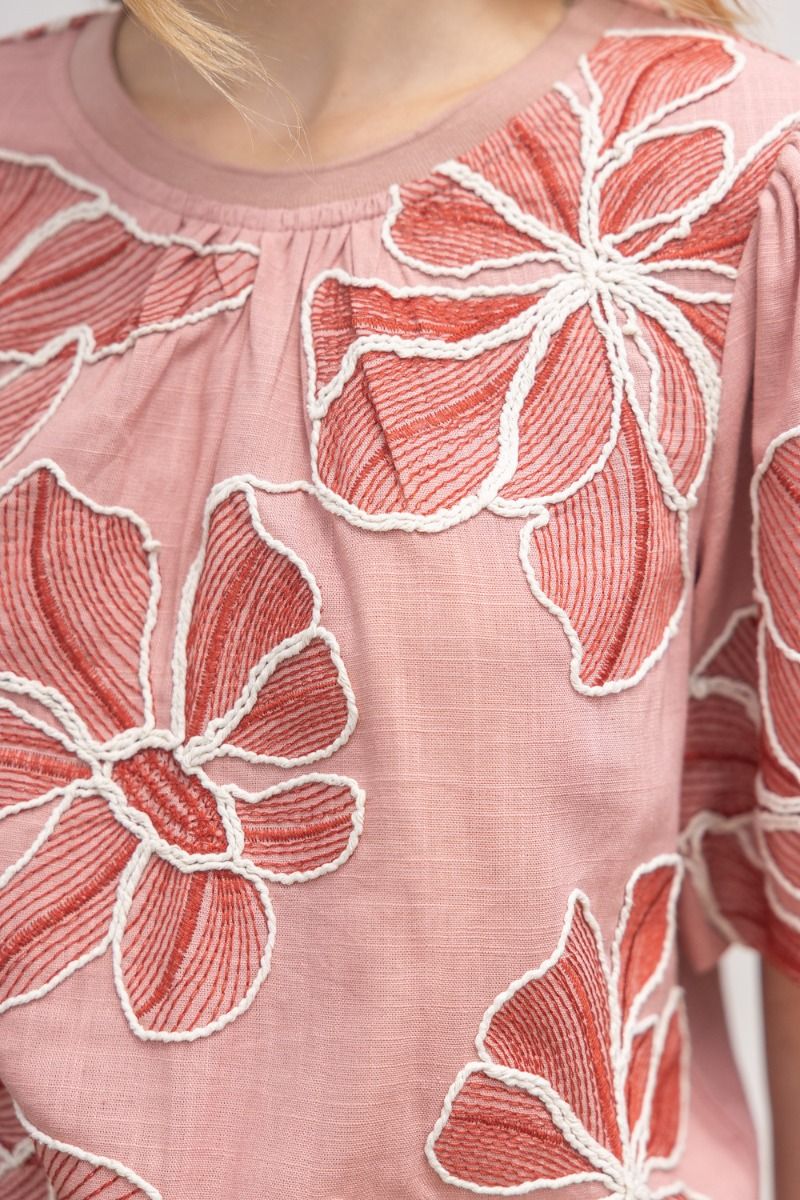 Floral Embroidery Top W/Contrast Band - Lush Lemon - Women's Clothing - Voy - 47009991012189