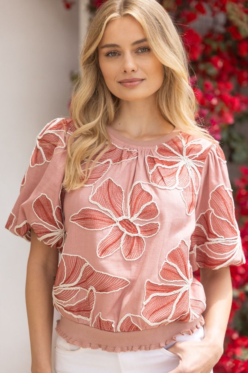 Floral Embroidery Top W/Contrast Band - Lush Lemon - Women's Clothing - Voy - 47009991012189