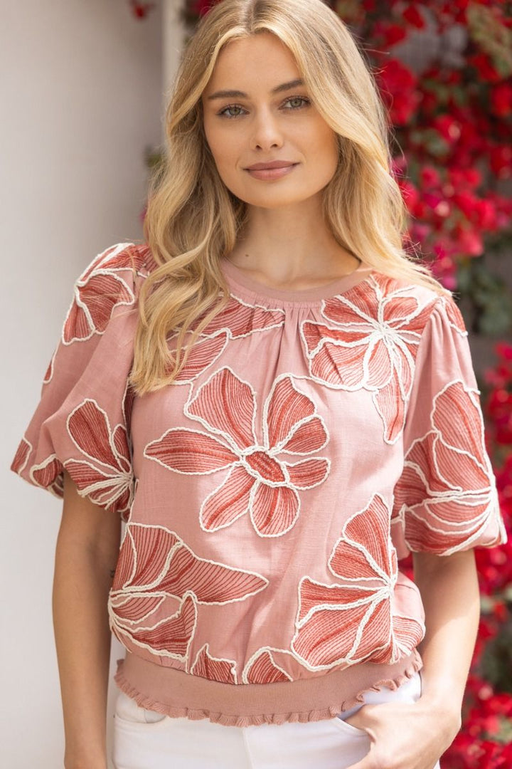 Floral Embroidery Top W/Contrast Band - Lush Lemon - Women's Clothing - Voy - 47009991012189