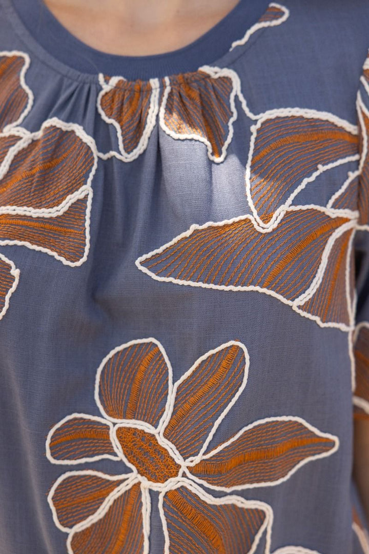 Floral Embroidery Top W/Contrast Band - Lush Lemon - Women's Clothing - Voy - 57315811397949