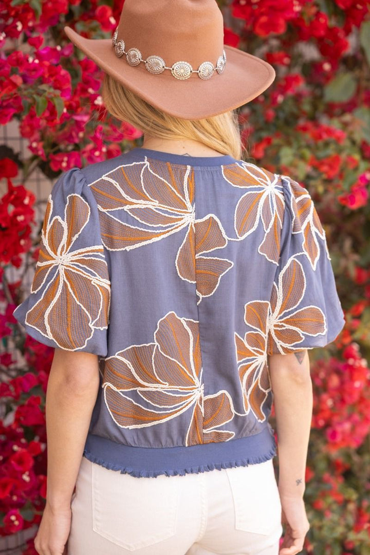 Floral Embroidery Top W/Contrast Band - Lush Lemon - Women's Clothing - Voy - 57315811397949