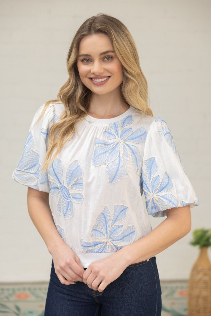 Floral Embroidery Top W/Contrast Band - Lush Lemon - Women's Clothing - Voy - 89081521344701