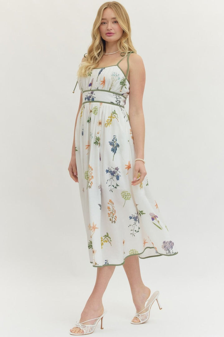 Floral Empire Waist Midi Dress - Lush Lemon - Women's Clothing - Entro - 96932501057341