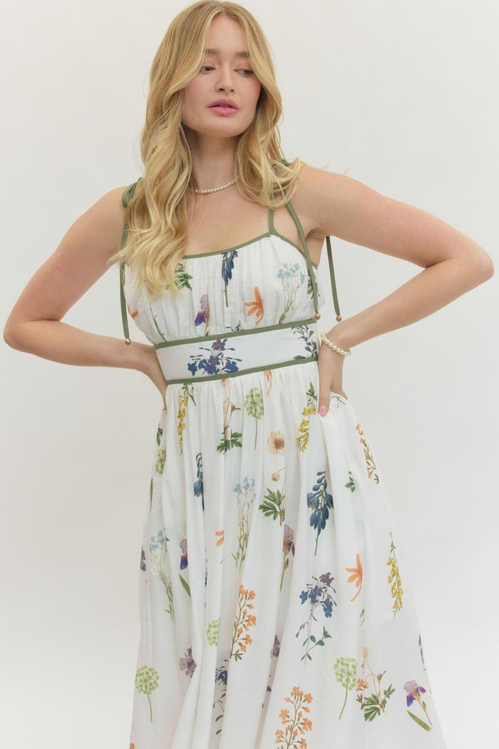 Floral Empire Waist Midi Dress - Lush Lemon - Women's Clothing - Entro - 96932501057341